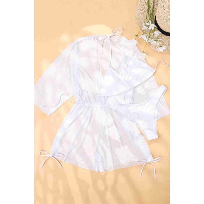  Şifon Pareo Plaj Elbesi Cover Up Kimono Beyaz