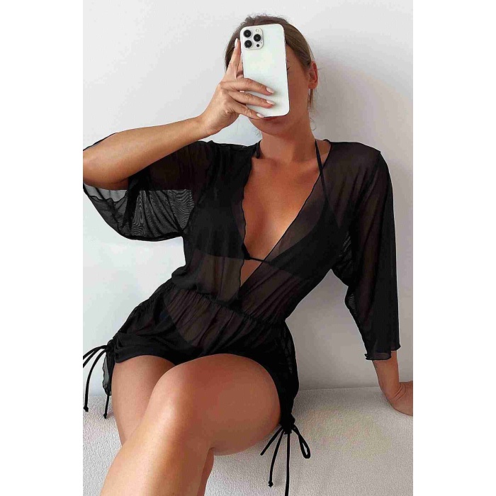 Şifon Pareo Plaj Elbesi Cover Up Kimono Siyah
