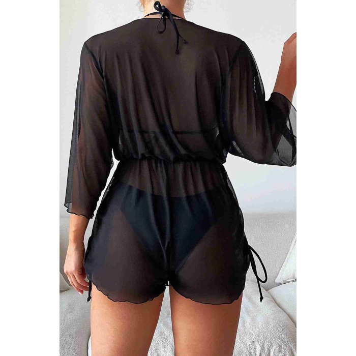 Şifon Pareo Plaj Elbesi Cover Up Kimono Siyah