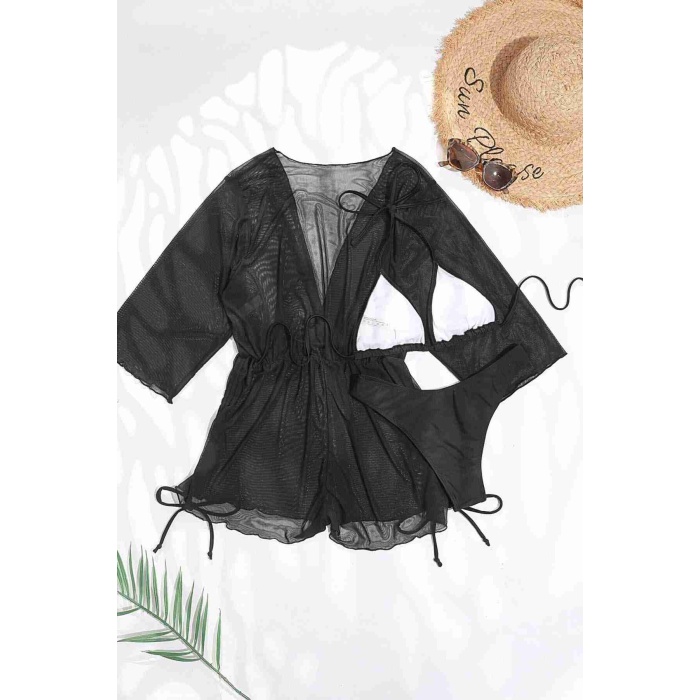 Şifon Pareo Plaj Elbesi Cover Up Kimono Siyah