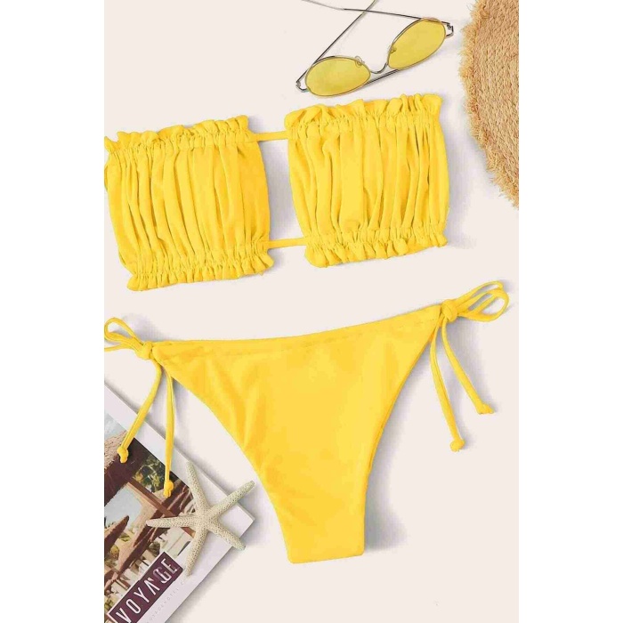 Brezilya Model Büzgülü Bağlamalı Bikini üstü Sarı