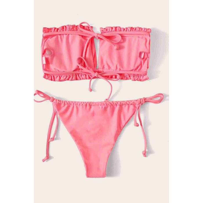 Brezilya Model Büzgülü Bağlamalı Bikini Altı Pembe