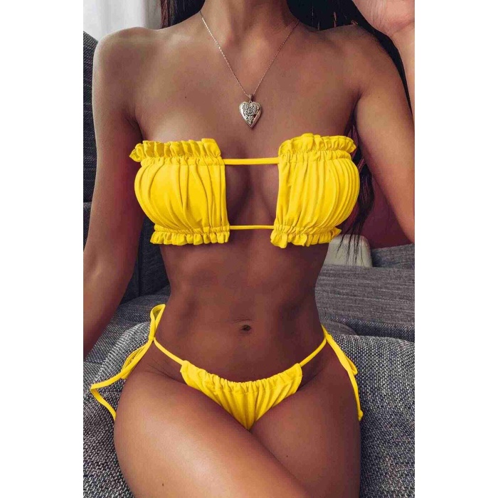  Brezilya Model Büzgülü Bağlamalı Bikini Altı Sarı