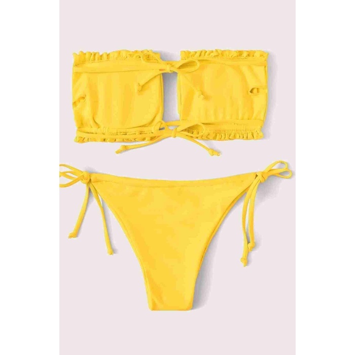  Brezilya Model Büzgülü Bağlamalı Bikini Altı Sarı