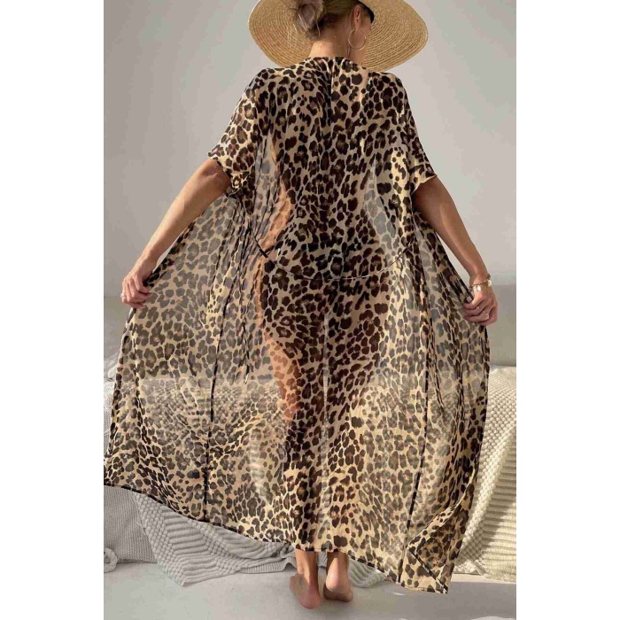  Şifon Uzun Önden Bağlamalı Leopar Plaj Elbisesi Pareo Kimono Çok Renkli