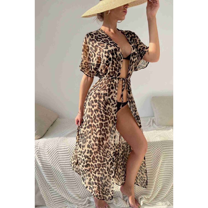  Şifon Uzun Önden Bağlamalı Leopar Plaj Elbisesi Pareo Kimono Çok Renkli