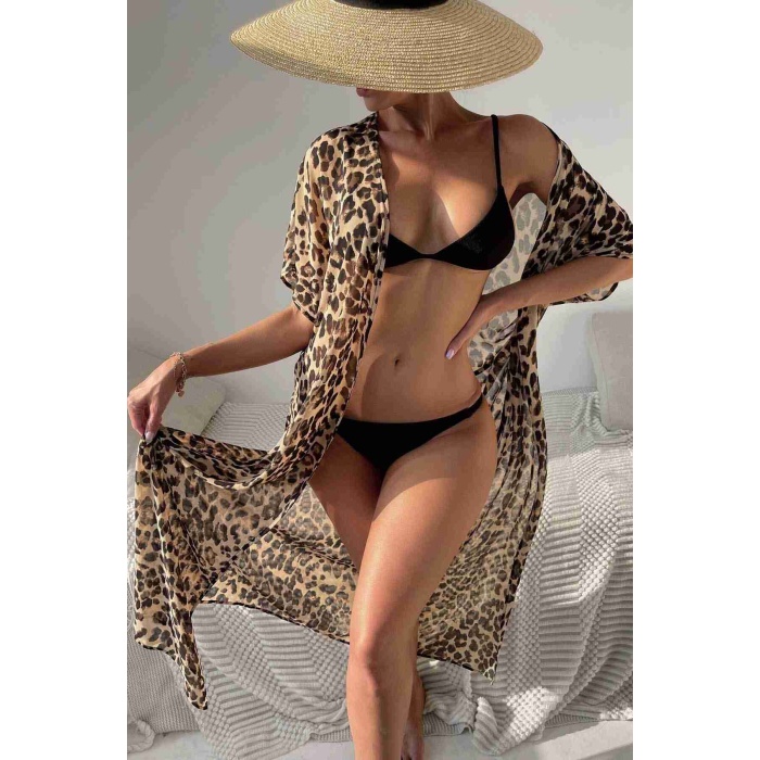  Şifon Uzun Önden Bağlamalı Leopar Plaj Elbisesi Pareo Kimono Çok Renkli