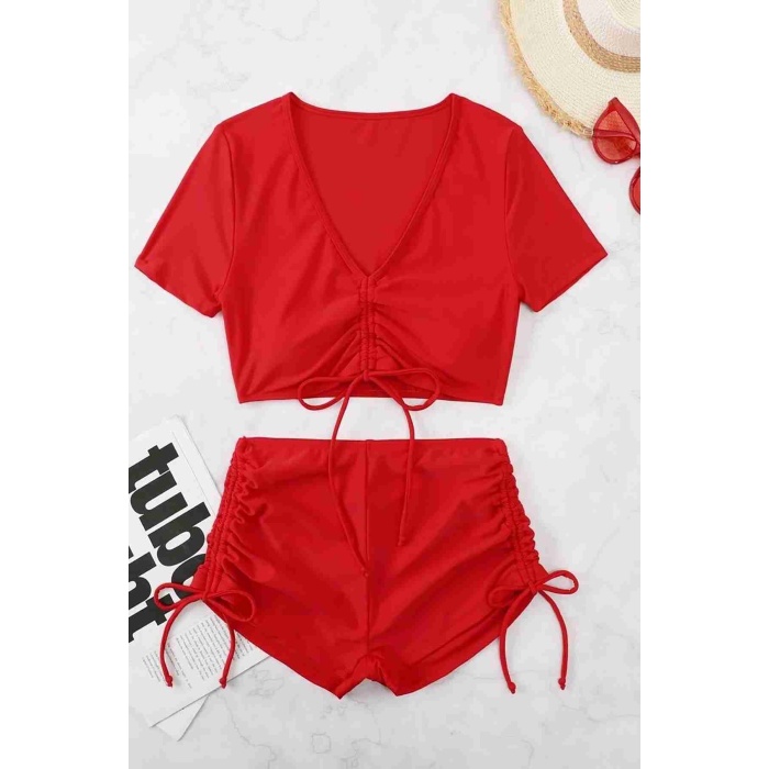  Özel tasarım Yarım Kol Büzgü Detaylı Bikini Takım Kırmızı