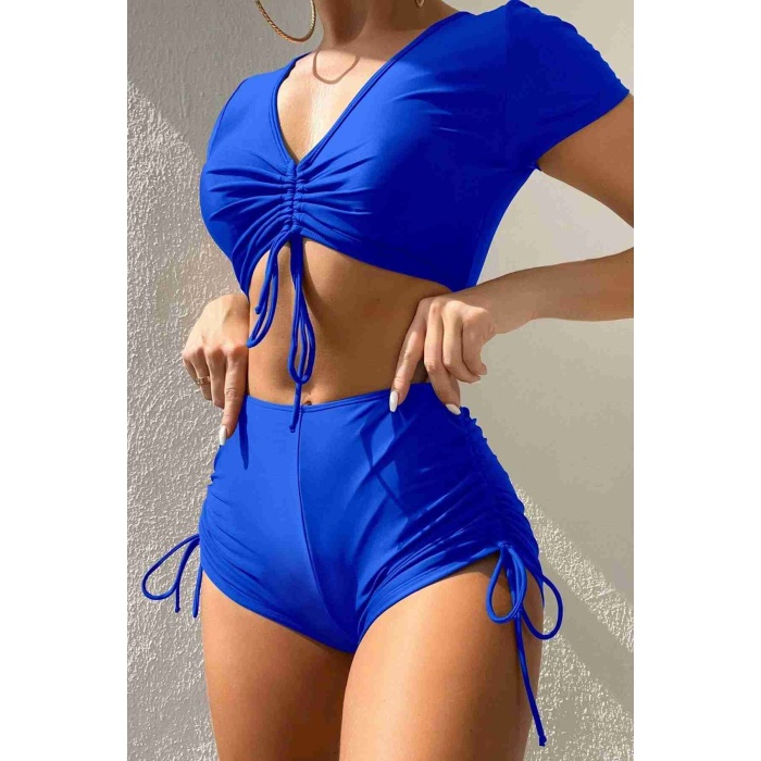  Özel tasarım Yarım Kol Büzgü Detaylı Bikini Takım Mavi
