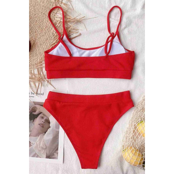  Yüksek Bel Fitilli Kumaş Tankini Bikini Takım Kırmızı