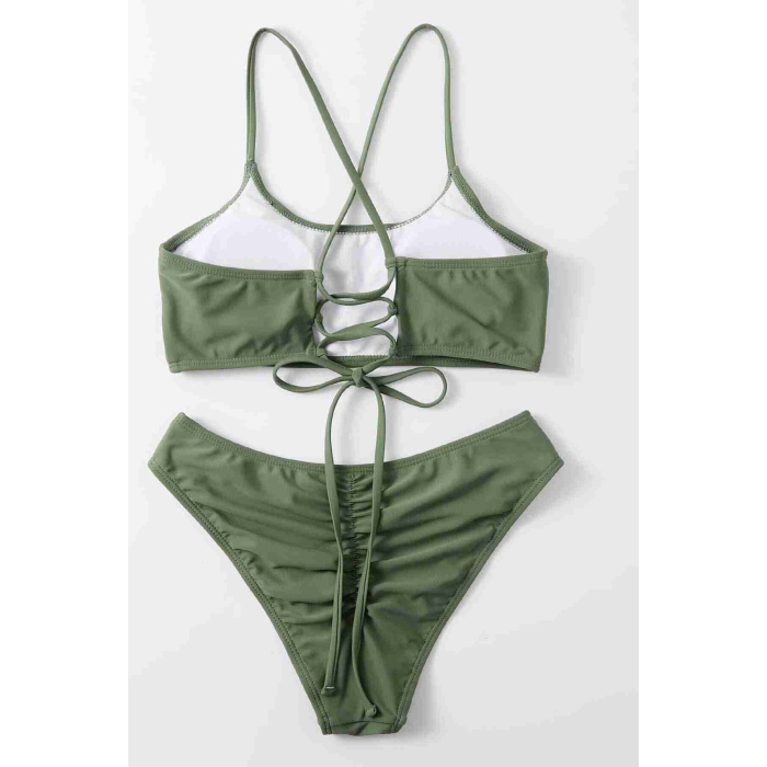  Brezilyan Arkadan Büzgülü Sırt Bağlamalı Bikini Takım Yeşil