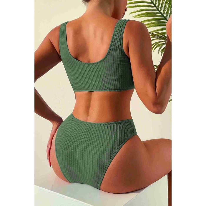  Özel Fitilli Kumaş Tankini Bikini Üstü Yeşil