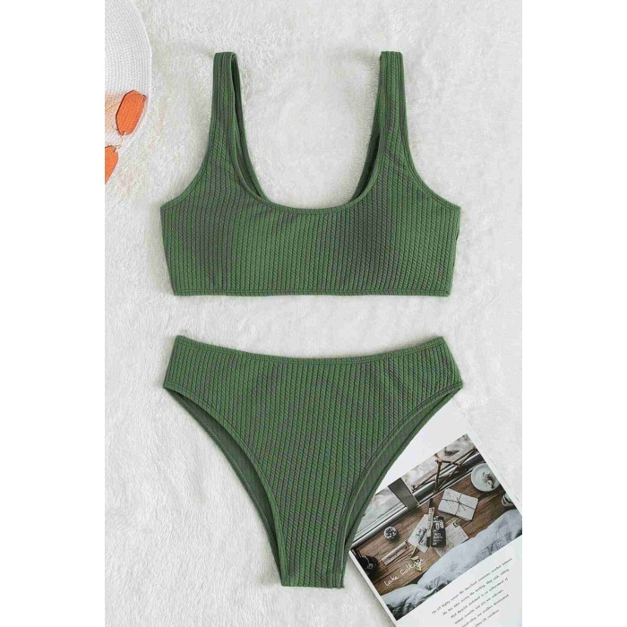  Özel Fitilli Kumaş Tankini Bikini Üstü Yeşil