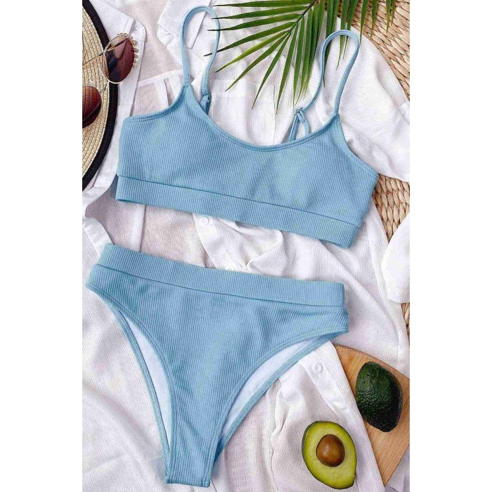  Yüksek Bel Fitilli Kumaş Tankini Bikini Üstü Mavi