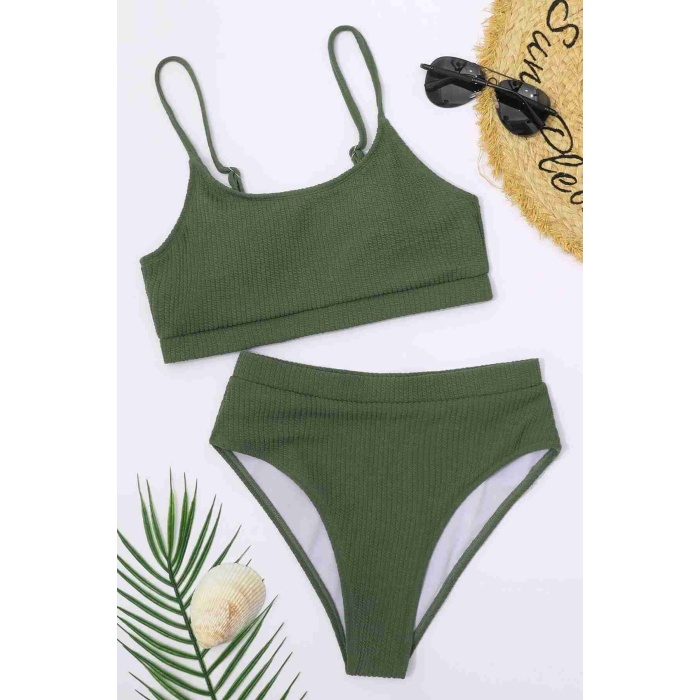  Yüksek Bel Özel Kumaş Tankini Bikini Takım Yeşil