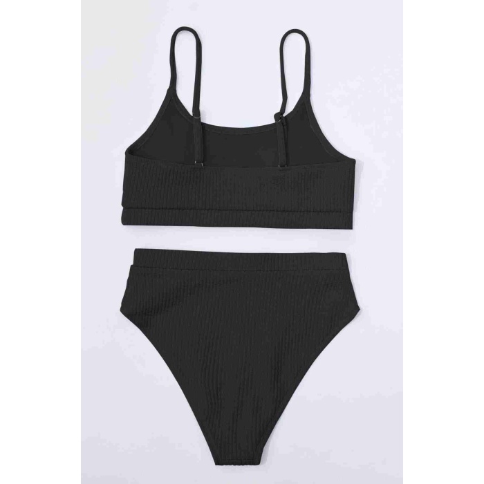  Yüksek Bel Özel Kumaş Tankini Bikini Üstü Siyah