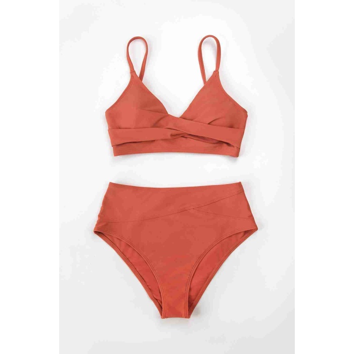  Özel Tasarım Önden Çarpraz Bikini Üstü Kırmızı