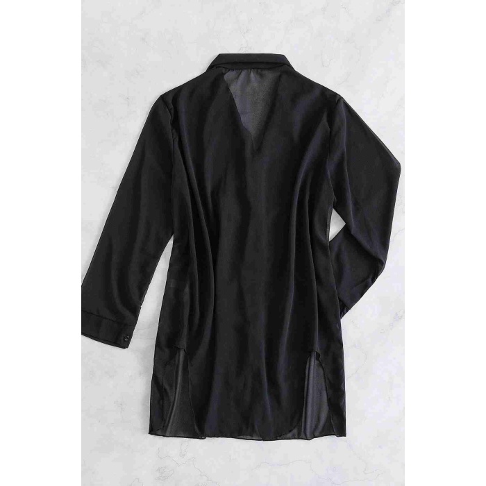  Şifon Gömlek Plaj Elbisesi Pareo Kimono Kaftan Siyah