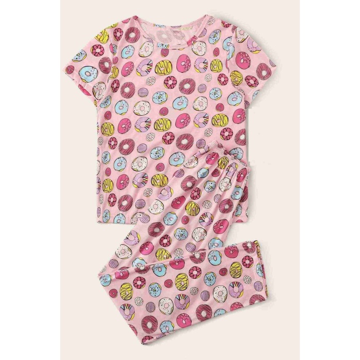  Kısa Kollu Alt Uzun Donut Baskılı Pijama Takımı Çok Renkli