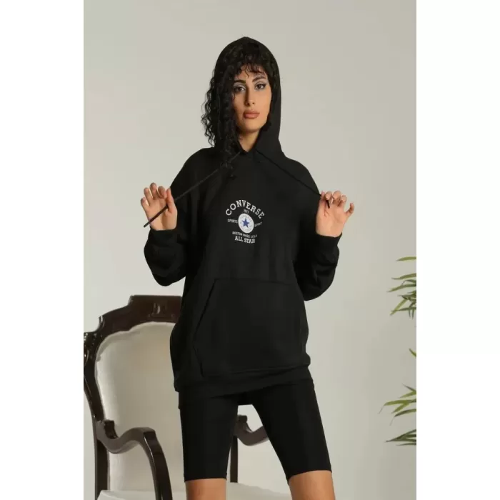 Sırt Baskılı Oversize Üç İplik Kapüşonlu Sweatshirt - Siyah