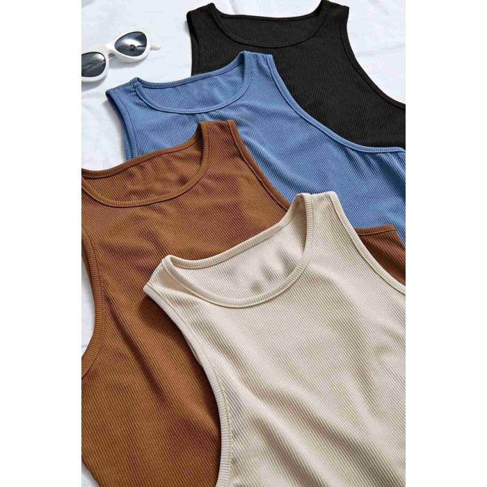 Tek Renk 1 Adet Kadın Kolsuz Örme Kumaş Bluz Crop Kahverengi