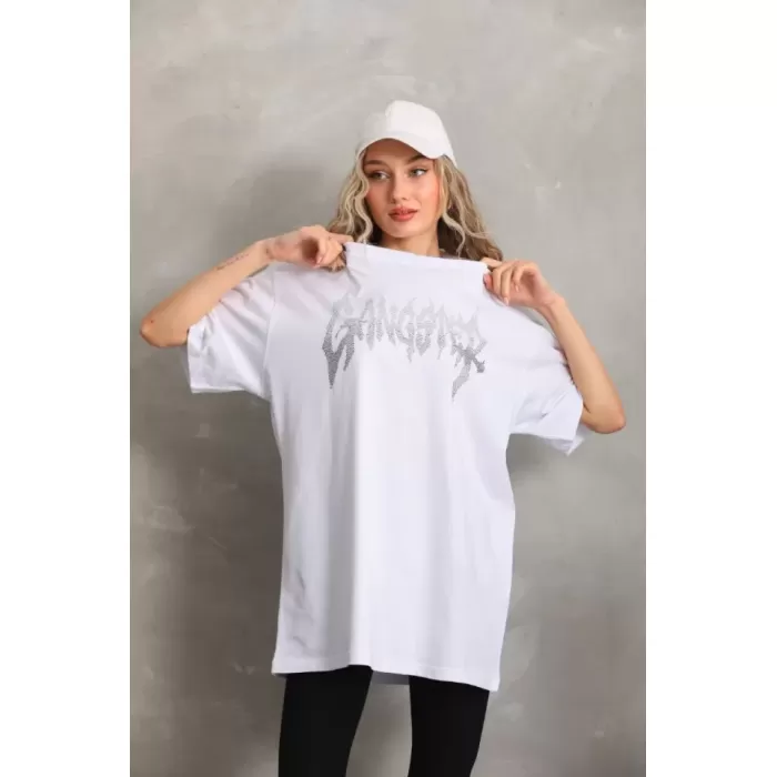 Unisex Taş Desenli Oversize T-Shirt - Beyaz