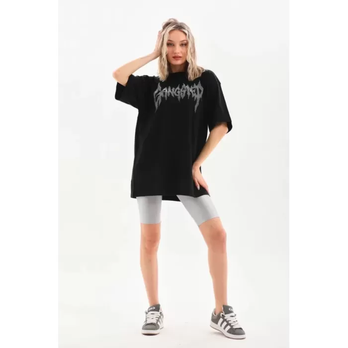 Unisex Taş Desenli Oversize T-Shirt - Siyah