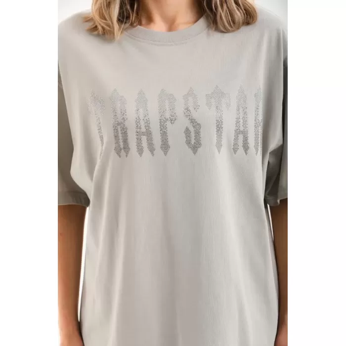 Unisex Taş Desenli Oversize T-Shirt - Gri