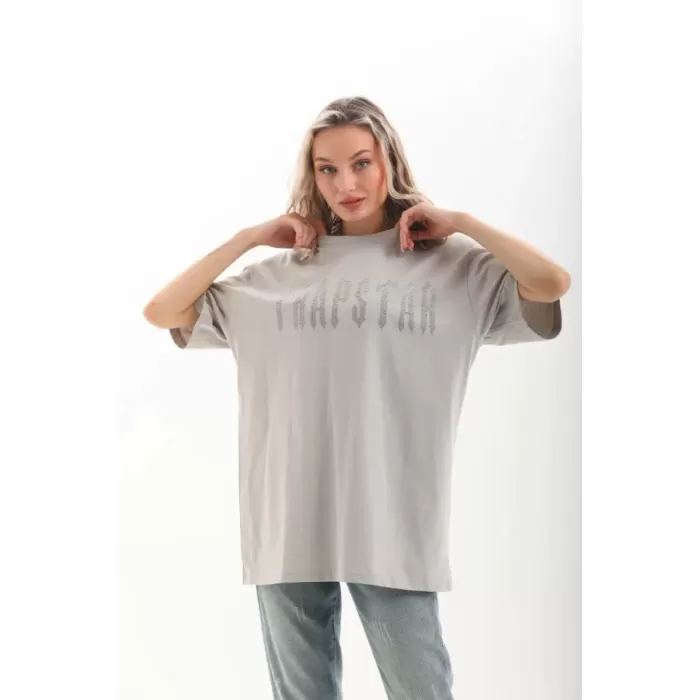 Unisex Taş Desenli Oversize T-Shirt - Gri