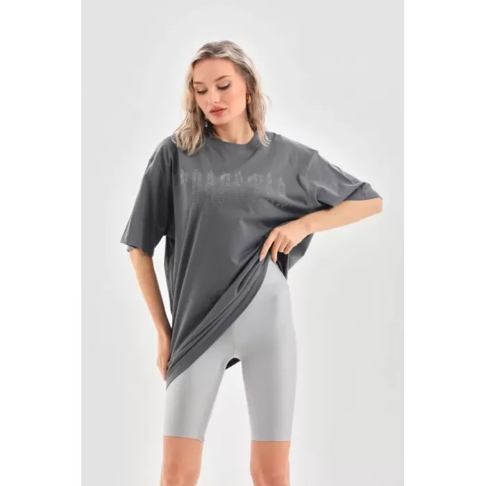 Unisex Taş Desenli Oversize T-Shirt - Füme