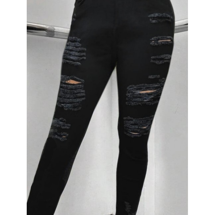 Kadın Yüksek Bel Slim Fit Lazer Kesim Yırtık Detaylı Kot Pantolon/ Jean