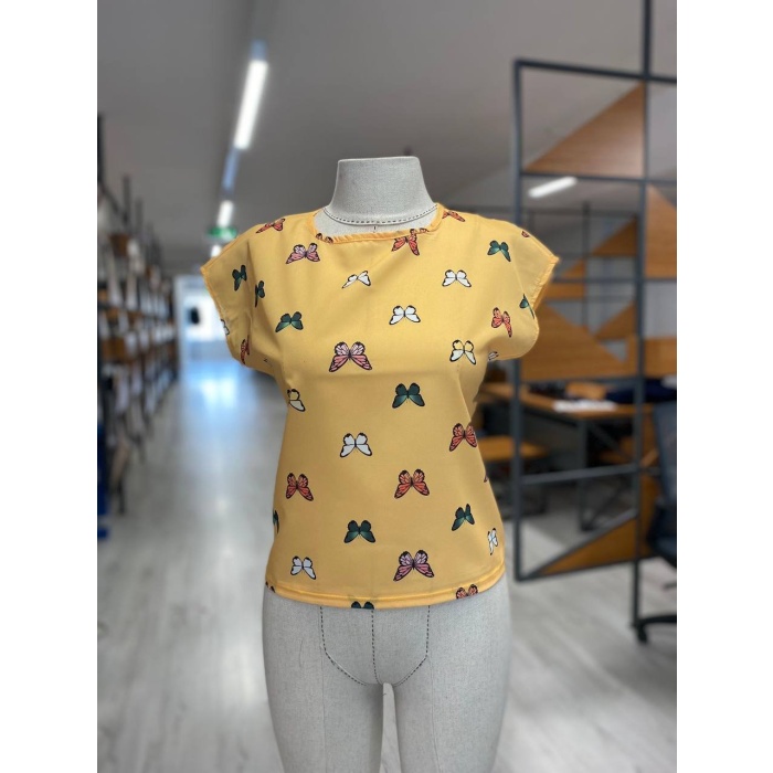 Kadın Kelebek Desenli Moss Krep Kumaş Tişört