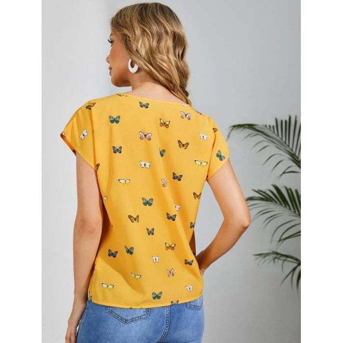 Kadın Kelebek Desenli Moss Krep Kumaş Tişört