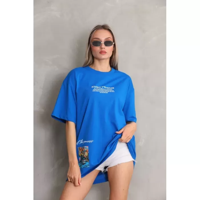 Unisex Bisiklet Yaka Baskılı Oversize T-Shirt - Mavi