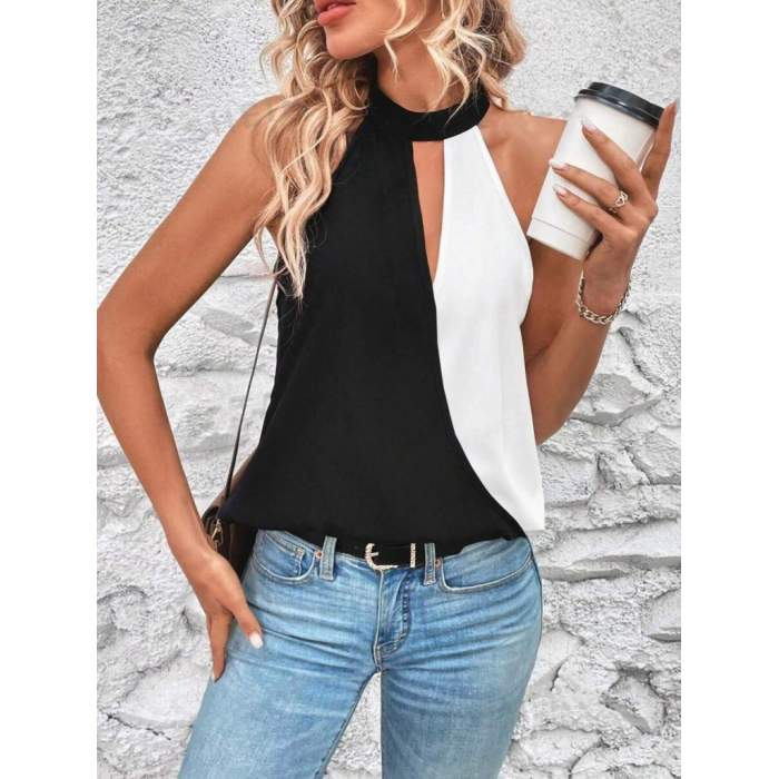 Kadın Kolsuz Yakası Pencere Detay Siyah Beyaz çift Renk Sandy Bluz