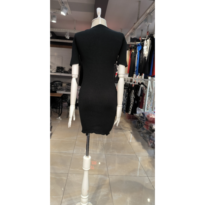 Kadın Kısa Kollu Düğmeli Cep Detay V Yaka Triko Elbise