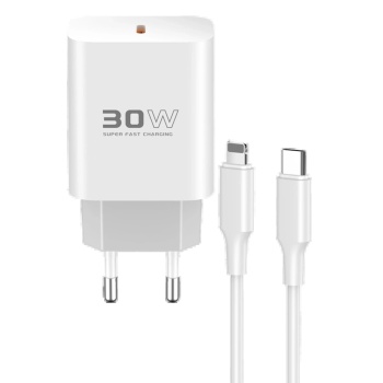 KYL06 C87C 30W Type-C Çıkışlı Ekstra DL50 1M Type-C to Lightning Kablolu PD Şarj Cihazı - Beyaz