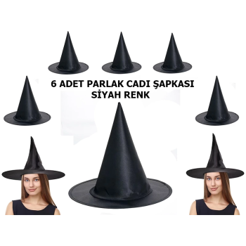 Halloween Siyah Renk Parlak Dralon Cadı Şapkası Yetişkin Ve Çocuk Uyumlu 6 Adet