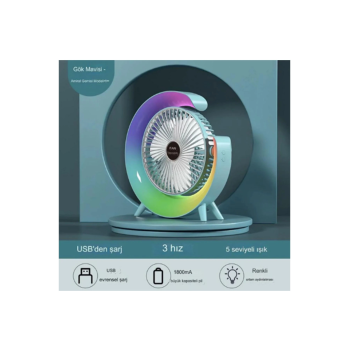 Masaüstü Vantilatör Usb Şarjlı Rgb Led Işıklı 3 Kademeli 180° Ayarlanabilir Soğutucu Fan Mavi