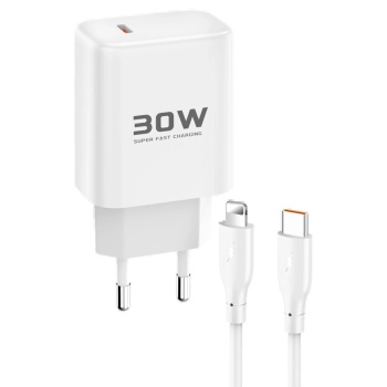 KYL06 JK89 30W Type-C Çıkışlı Ekstra DC66 1M Type-C to Lightning Kablolu PD Şarj Cihazı - Beyaz