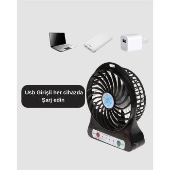Şarjlı USB Fan – Masaüstü Mini Vantilatör, Taşınabilir, Işıklı, 3 Kademeli, Sessiz