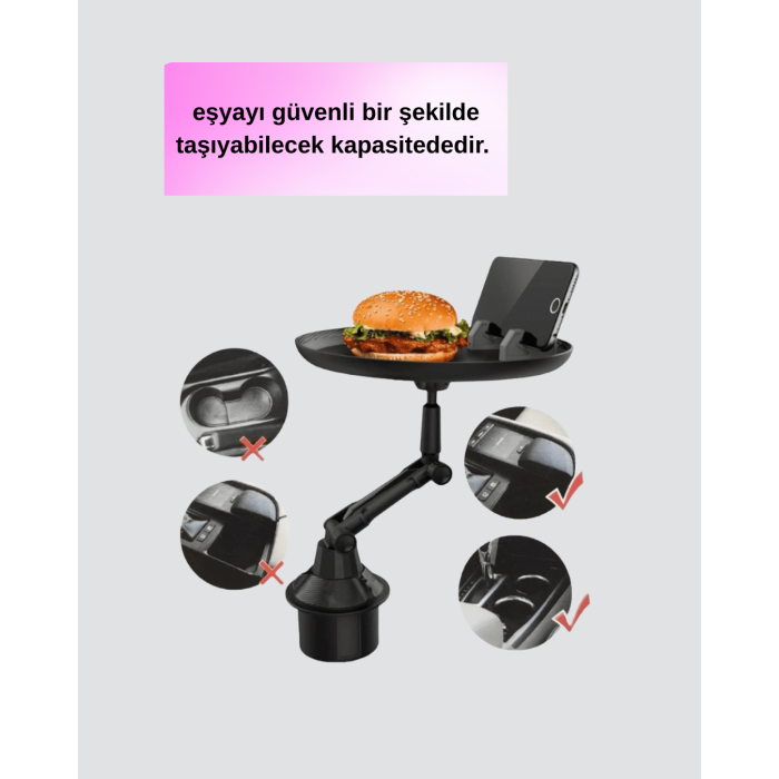 Araç Bardaklık Tepsisi 360° Dönebilen Kol Ayarlı Geniş Yemek Alanlı