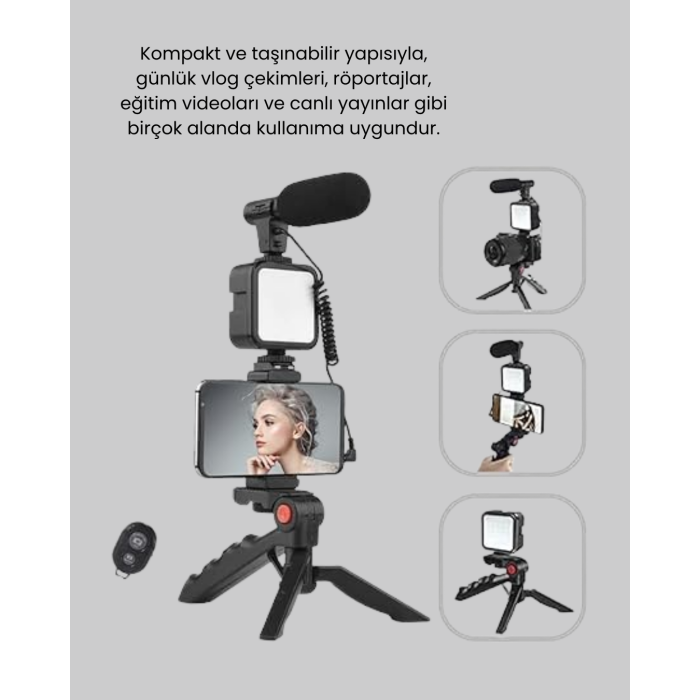 Profesyonel Vlog Çekim Kiti LED Işıklı Tripod Mikrofonlu Telefon Seti