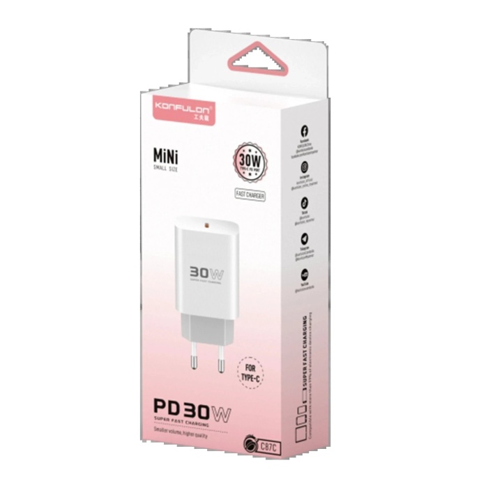 KYL06 C87C 30W Type-C Çıkışlı Ekstra DL51 1M Type-C to Type-C Kablolu PD Şarj Cihazı - Beyaz