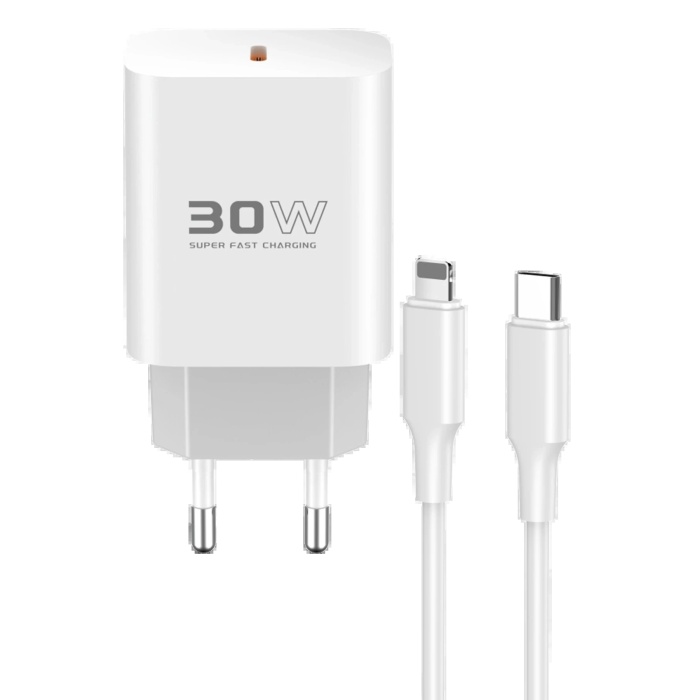 KYL06 C87C 30W Type-C Çıkışlı Ekstra DL50 1M Type-C to Lightning Kablolu PD Şarj Cihazı - Beyaz
