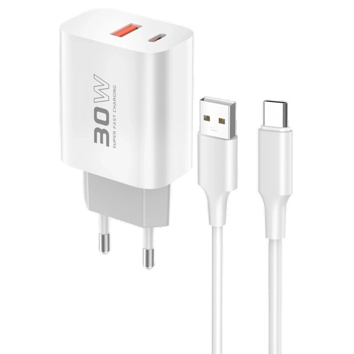 KYL06 C89Q 1 Adet 30W Type-C ve 1 Adet 22.5W USB Çıkışlı Ekstra DL49 1M USB to Type-C Kablolu PD Şarj Cihazı - Beyaz