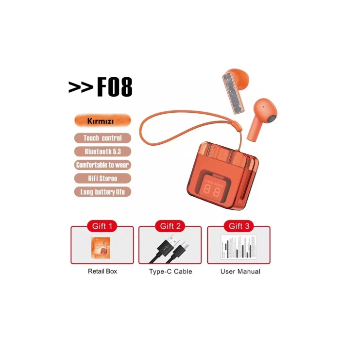 KYL06 F08 Dijital Şarj Göstergeli TWS Bluetooth Kulaklık - Kırmızı