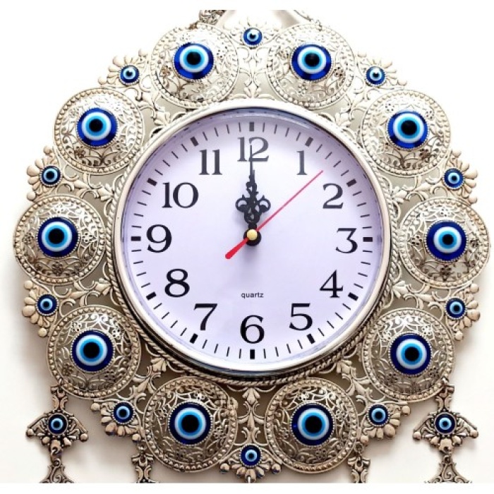 Nazar Boncuklu Gümüş Kaplama Solmaz Kararmaz Duvar Saati
