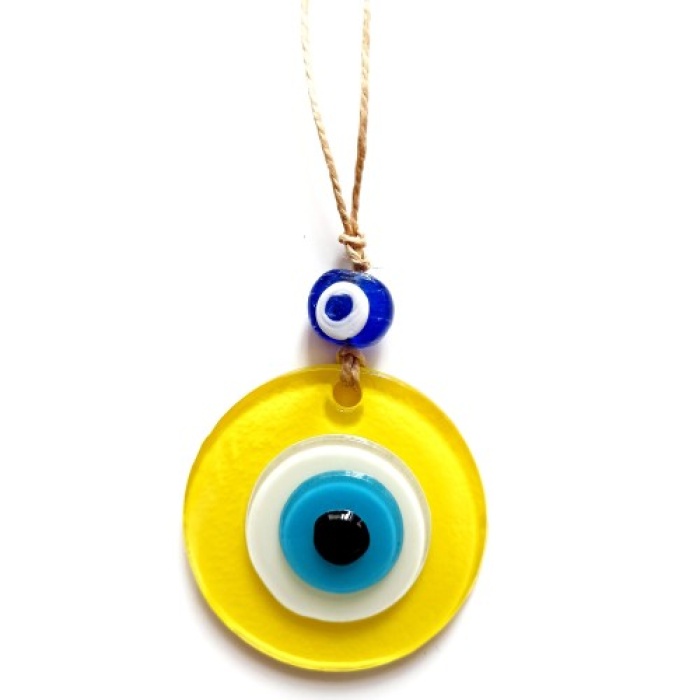 Nazar Boncuklu Sarı Renk Mini Duvar Süsü Dekoratif Hediyelik Cam Eşya