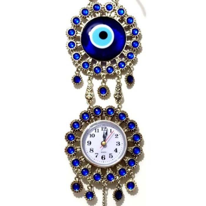 Nikel Zamak Kaplamalı Nazar Boncuklu Gümüş Rengi Mini Duvar Saati